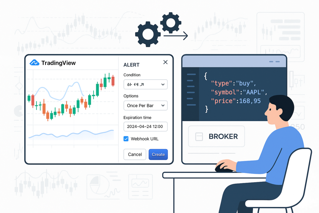 TradingView JSON alert configuration example with chart, alert panel, and code editor for automated trading