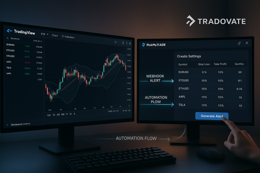 Dual-monitor trading setup showing TradingView with indicators and PickMyTrade dashboard automating alerts to Tradovate