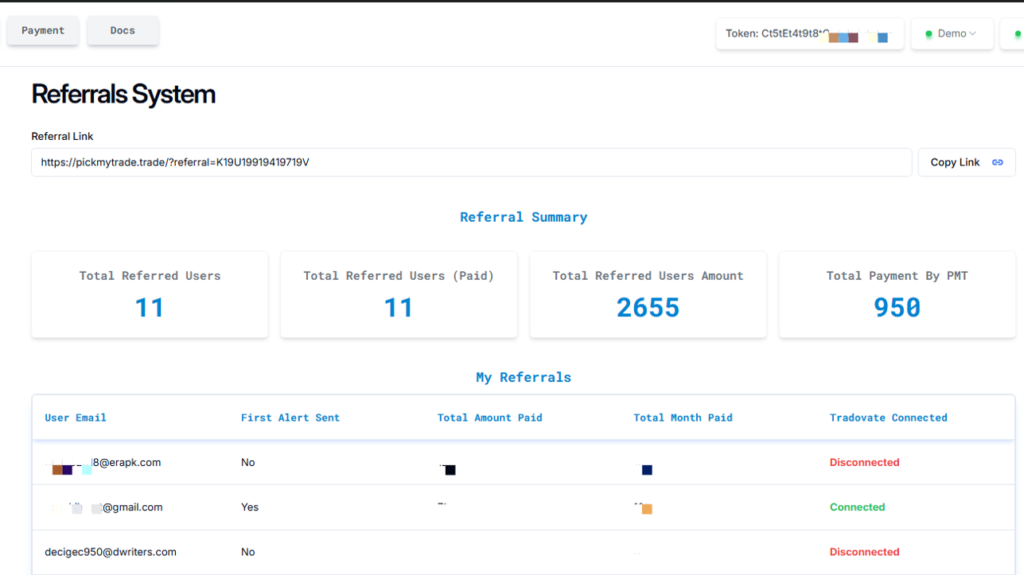 PickMyTrade referral system dashboard showing referral earnings and invited users