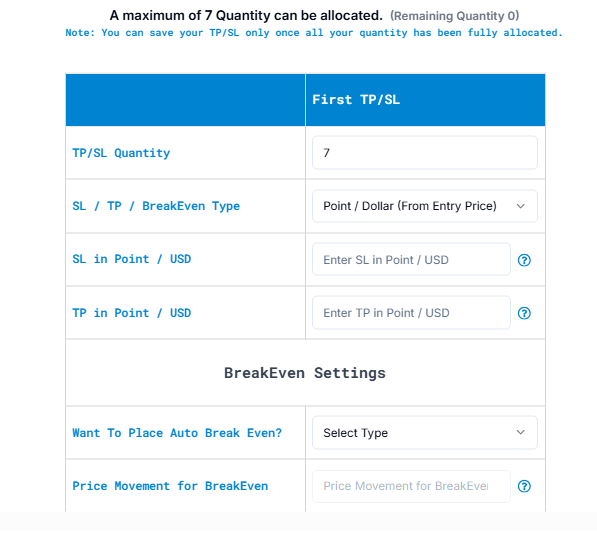 PickMyTrade advanced TP/SL configuration