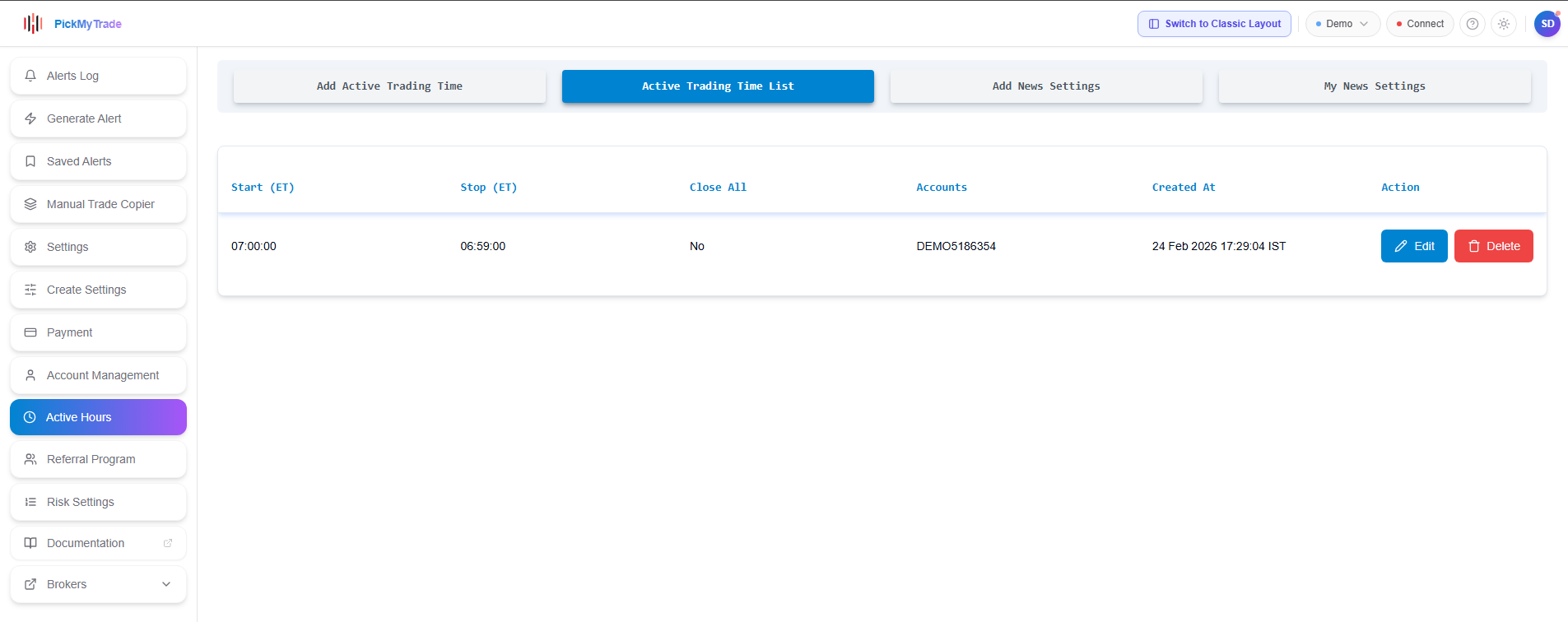 Active Hours page showing the Active Trading Time List table in the redesigned PickMyTrade layout.