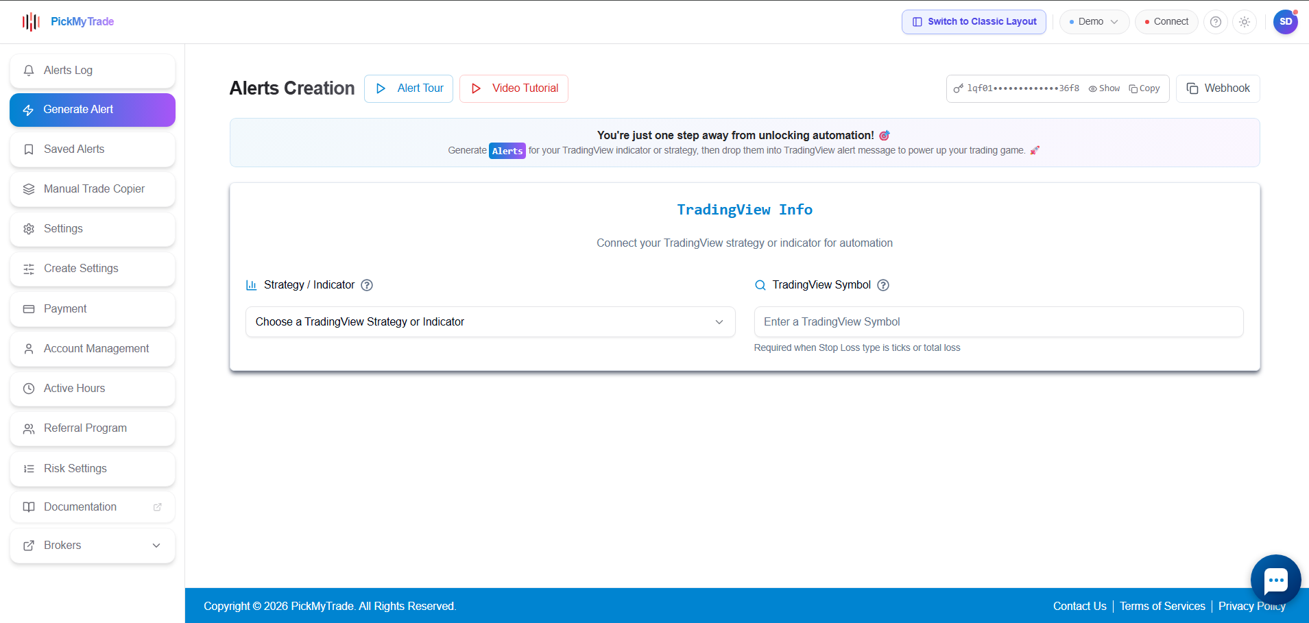 Generate Alert page in the redesigned PickMyTrade layout showing TradingView info, token copy, and webhook controls.