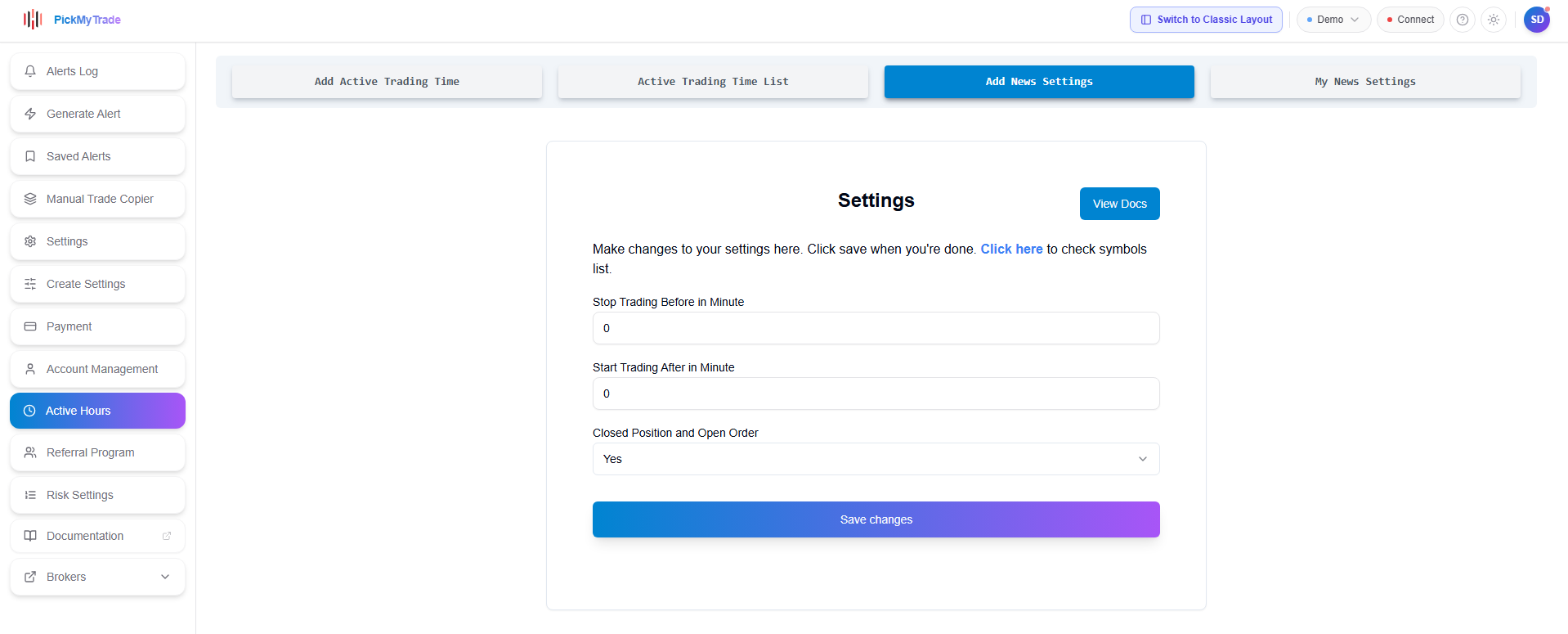 Add News Settings page in PickMyTrade with stop-before, start-after, and closed-position options.