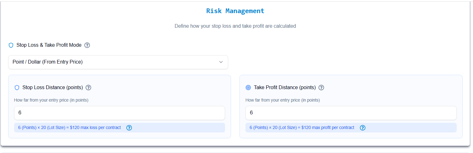 Point and dollar based stop loss and take profit fields on the PickMyTrade Generate Alert page.